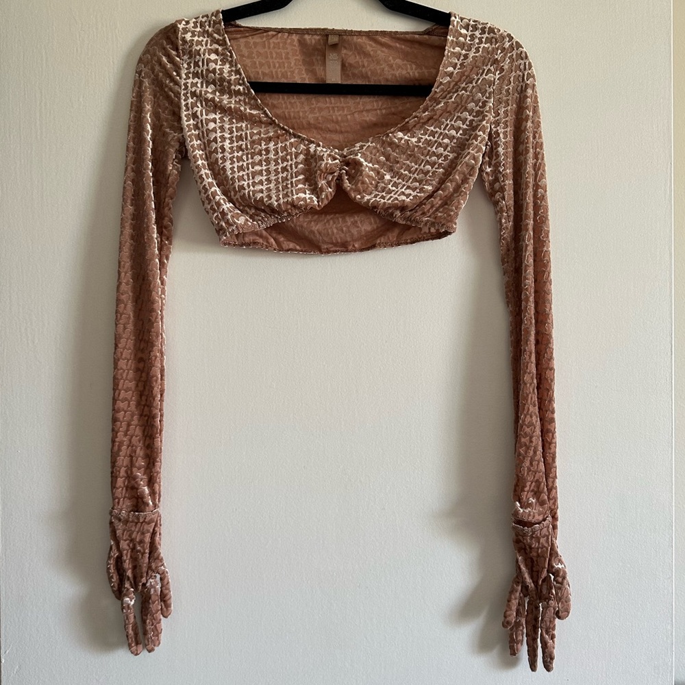 SKIMS Sienna Light Brown Velvet Logo Glove Crop Top Size XS EUC - Picture 6 of 7